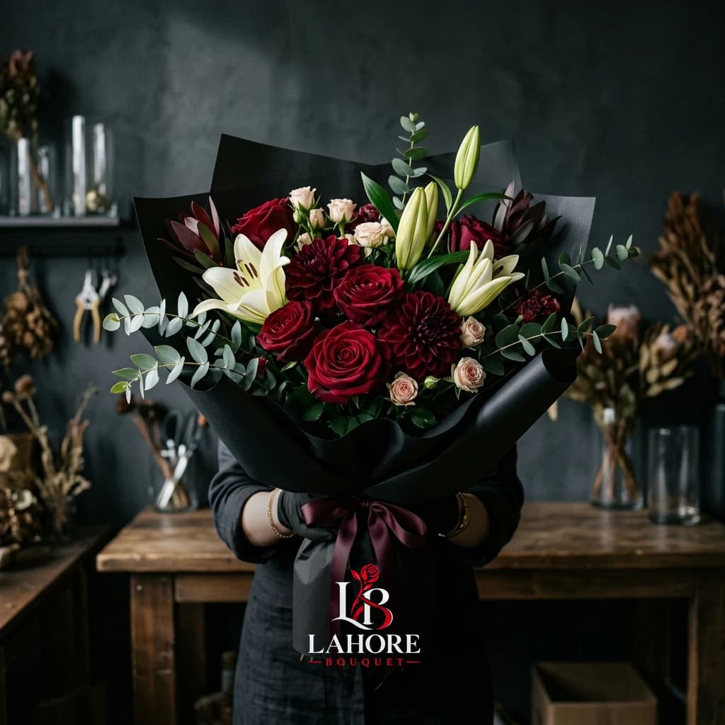 Florist crafting bouquet in Lahore Bouquet studio