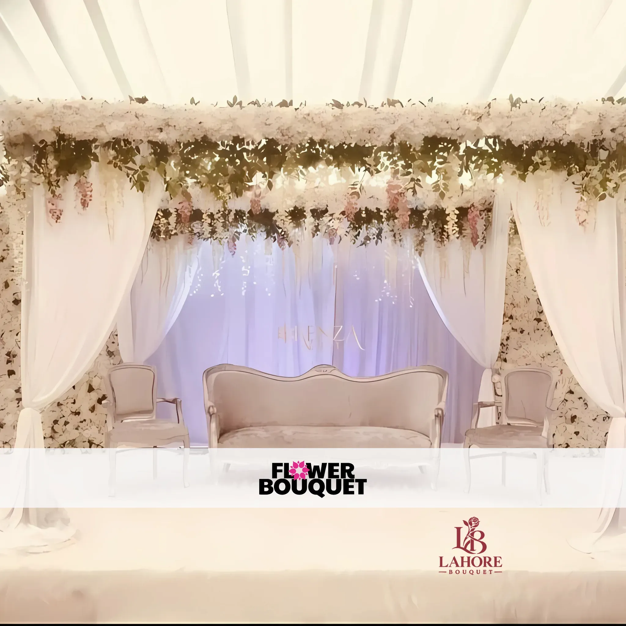 White Elegance Wedding Stage – Draped Canopy & Floral Extravagance