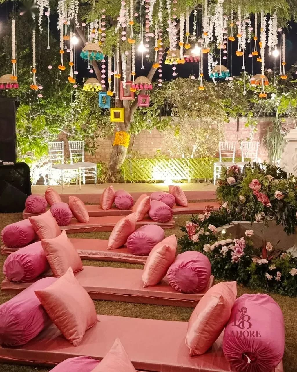 Vibrant Outdoor Seating with Hanging Lanterns