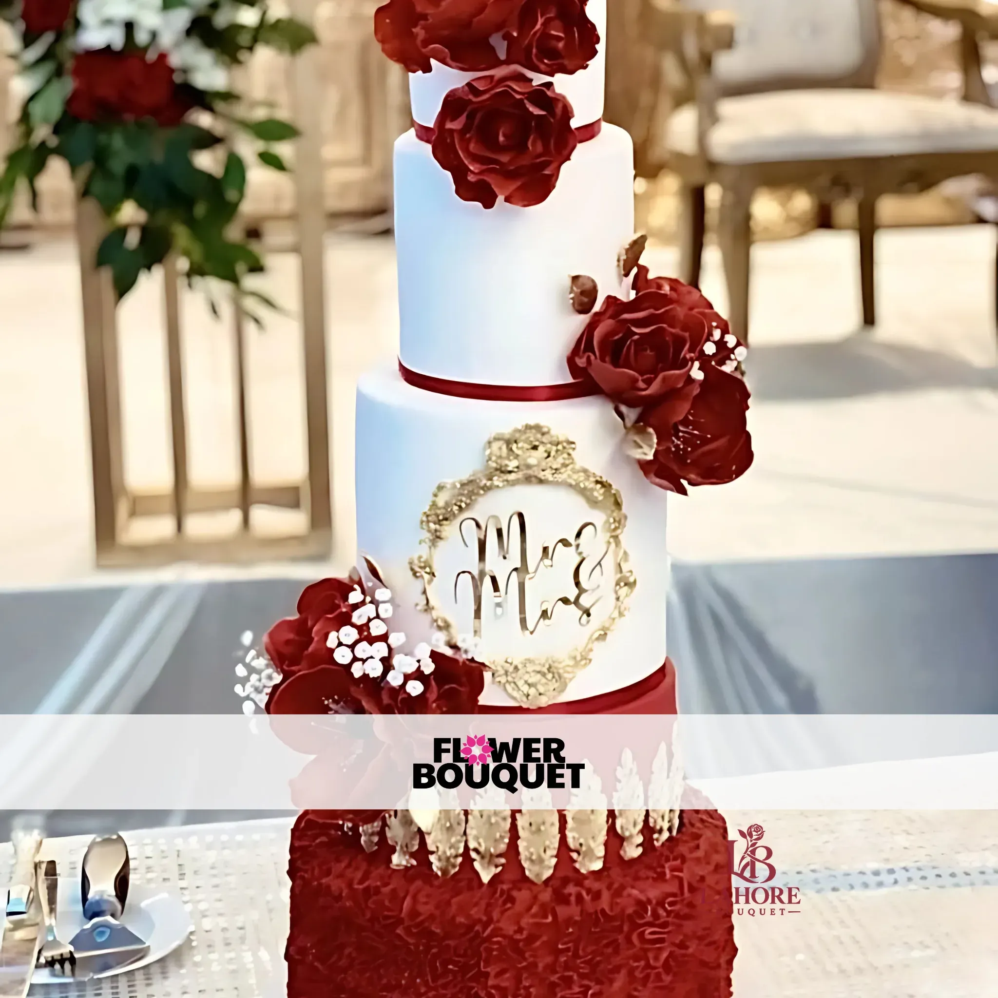 Luxury Red & Gold Wedding Cake – Elegant Floral Design