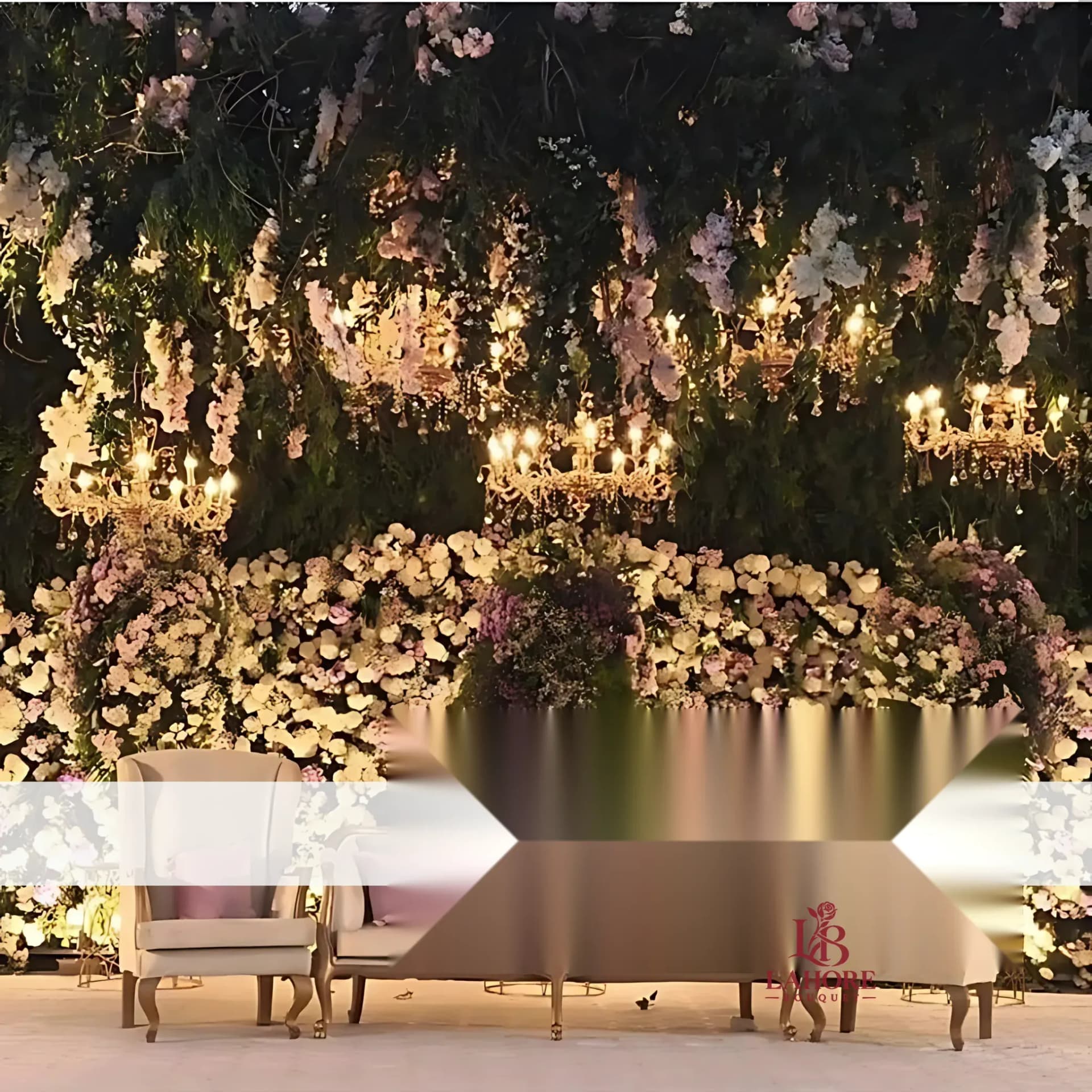 Enchanted Floral Garden Wedding Stage – Crystal Chandeliers & Bloom Wall