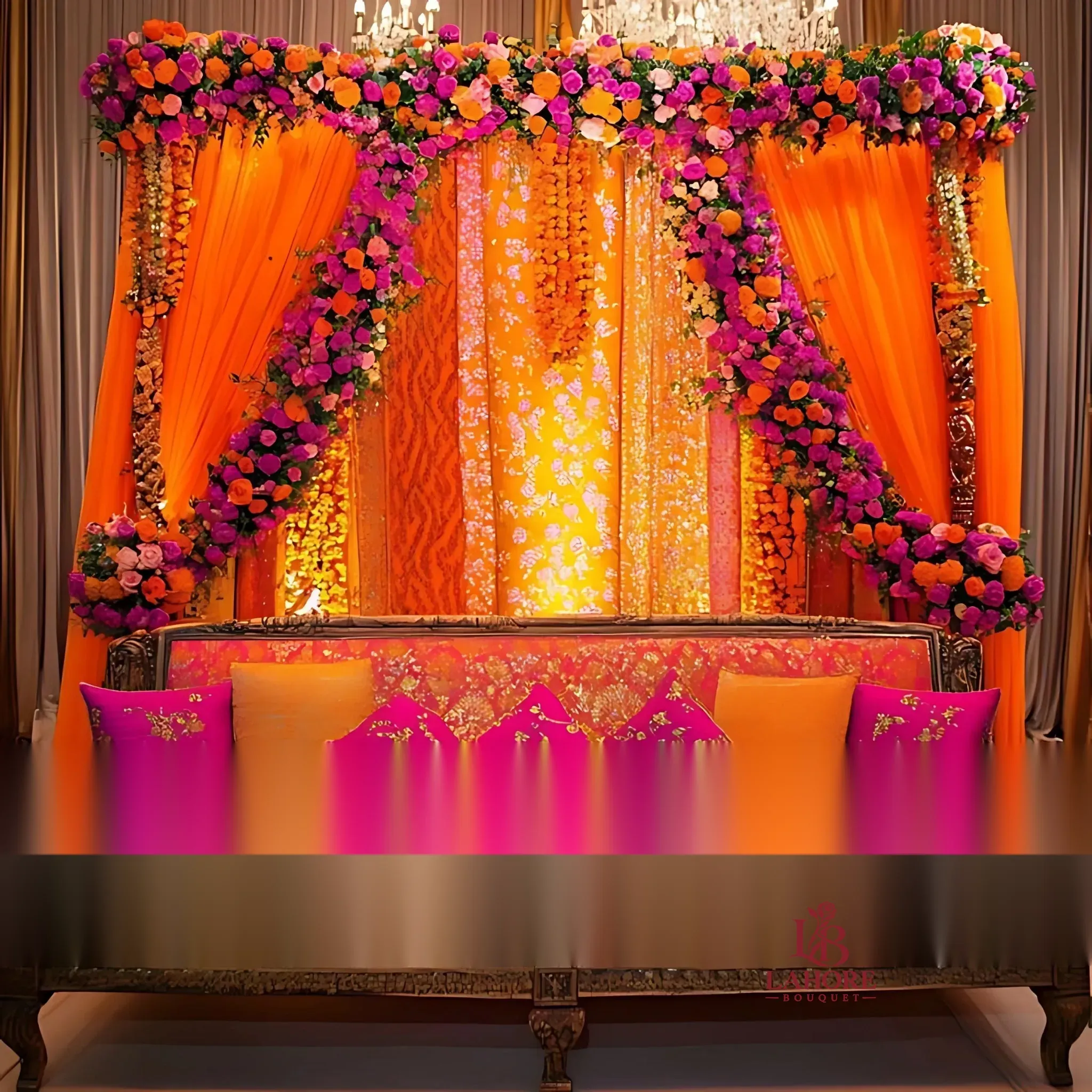 Luxurious Mehndi Stage with Floral Canopy
