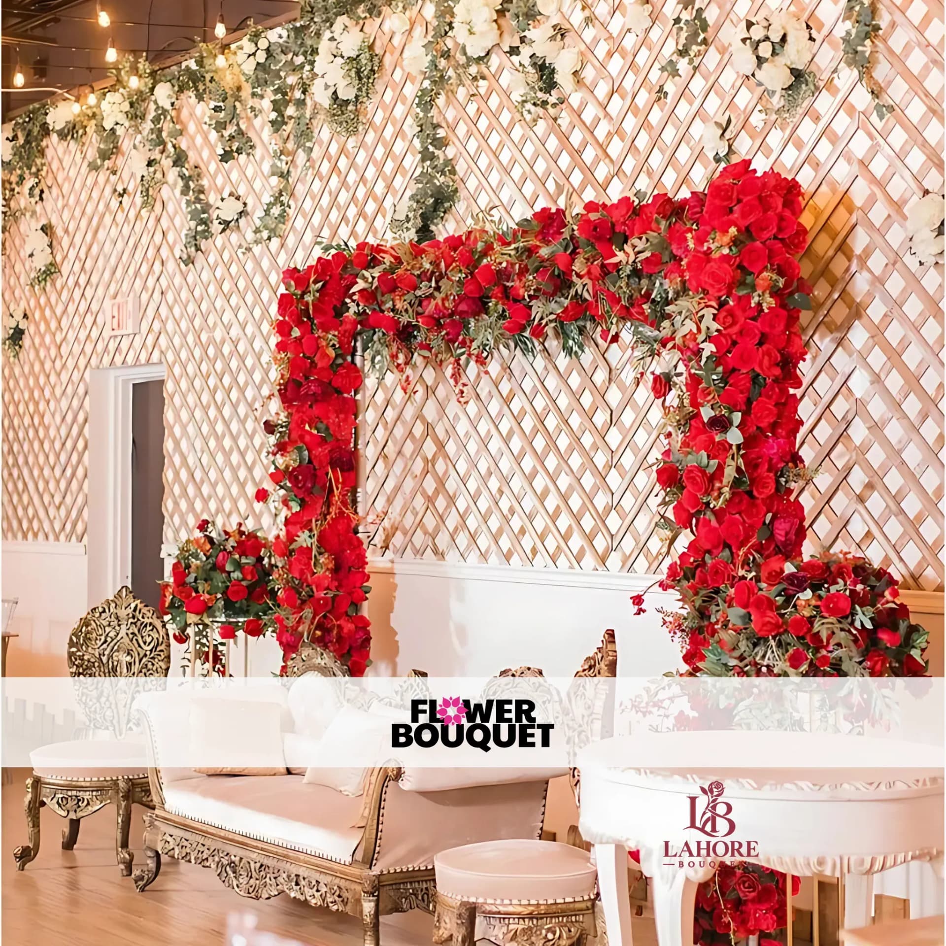 Romantic Red Rose Wedding Backdrop – Vintage Gold Seating