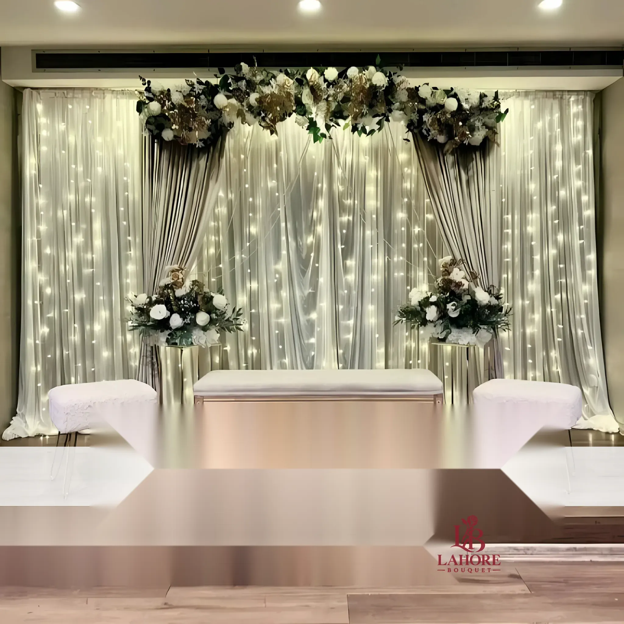 Minimalist Elegance Wedding Stage – Draped Backdrop with Soft Lighting