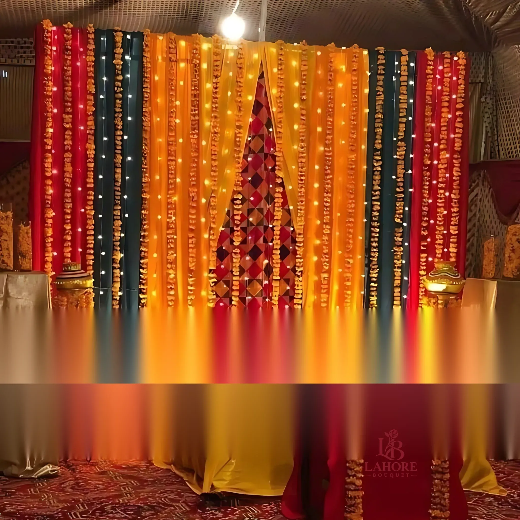 Traditional Mehndi Backdrop with Marigold Strings