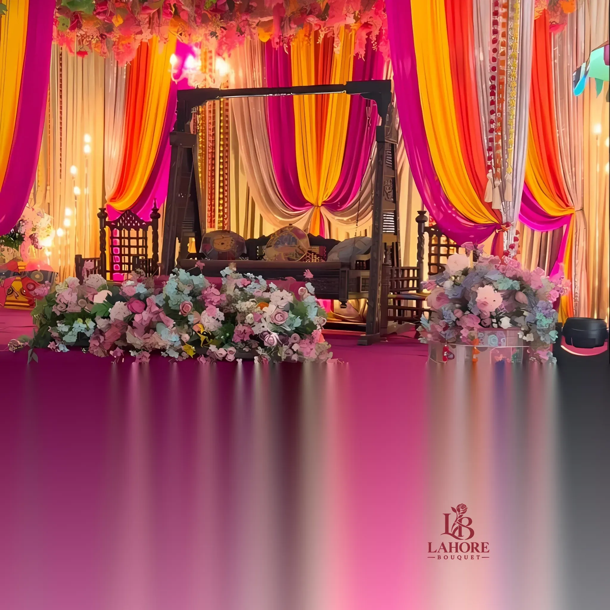 Majestic Mehndi Stage with Vibrant Drapes and Floral Arrangements