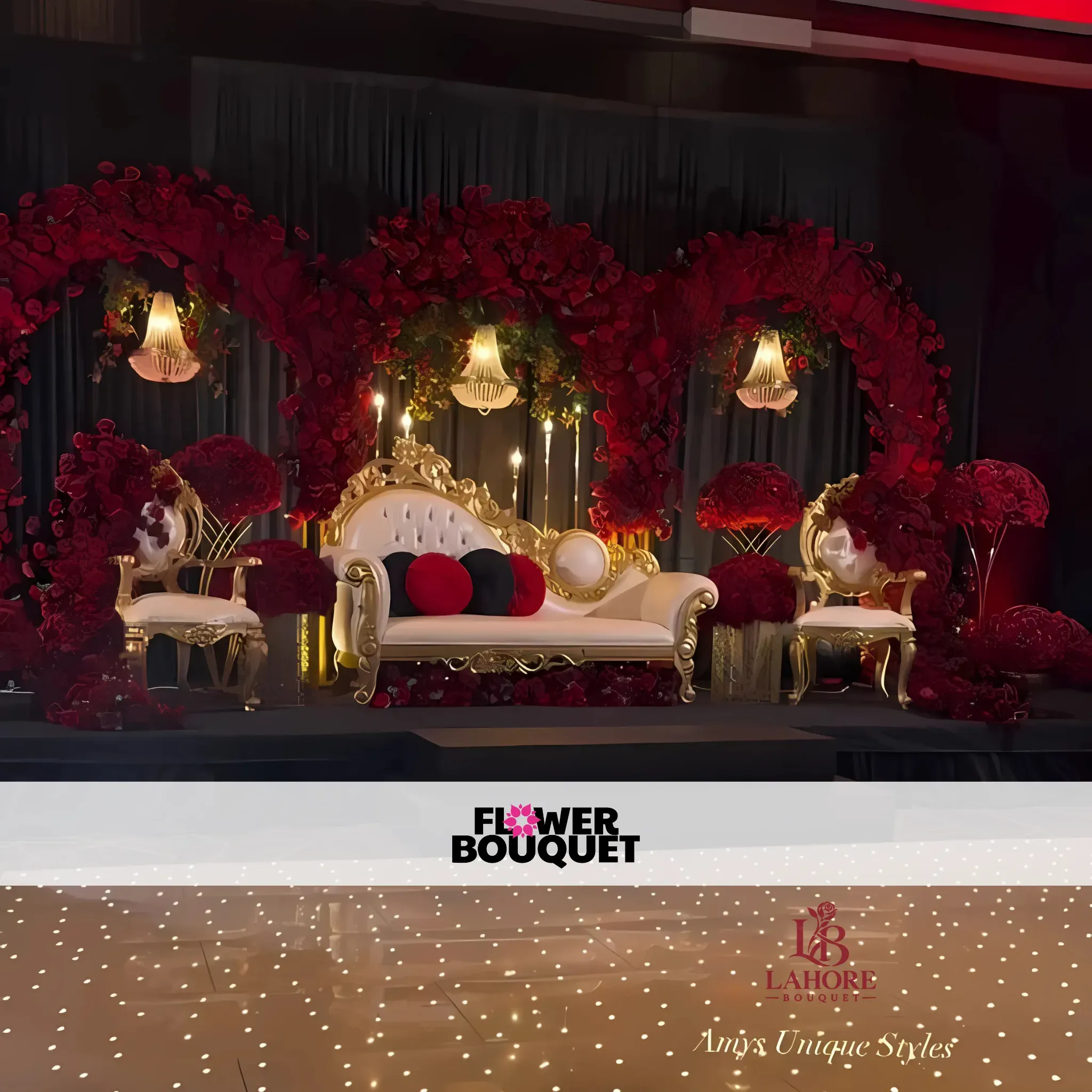 Opulent Red Rose Wedding Stage – Regal Sofa and Floral Arch Design