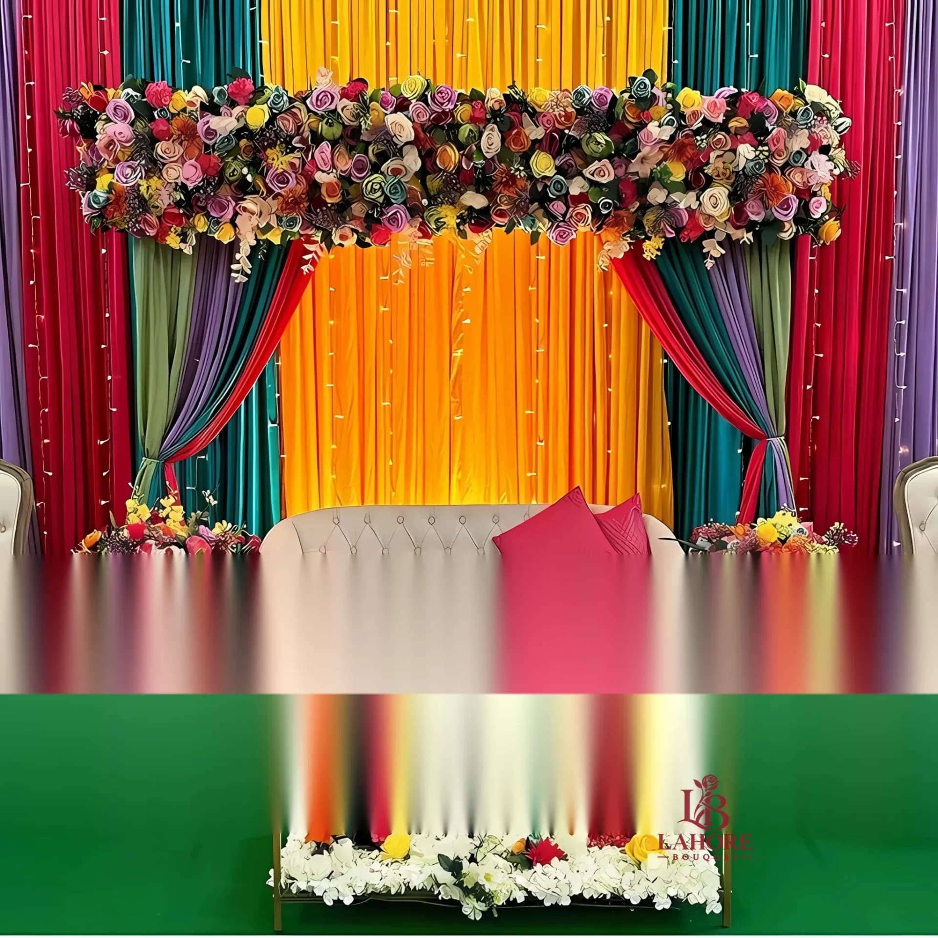 Luxurious Mehndi Stage with Floral Elegance