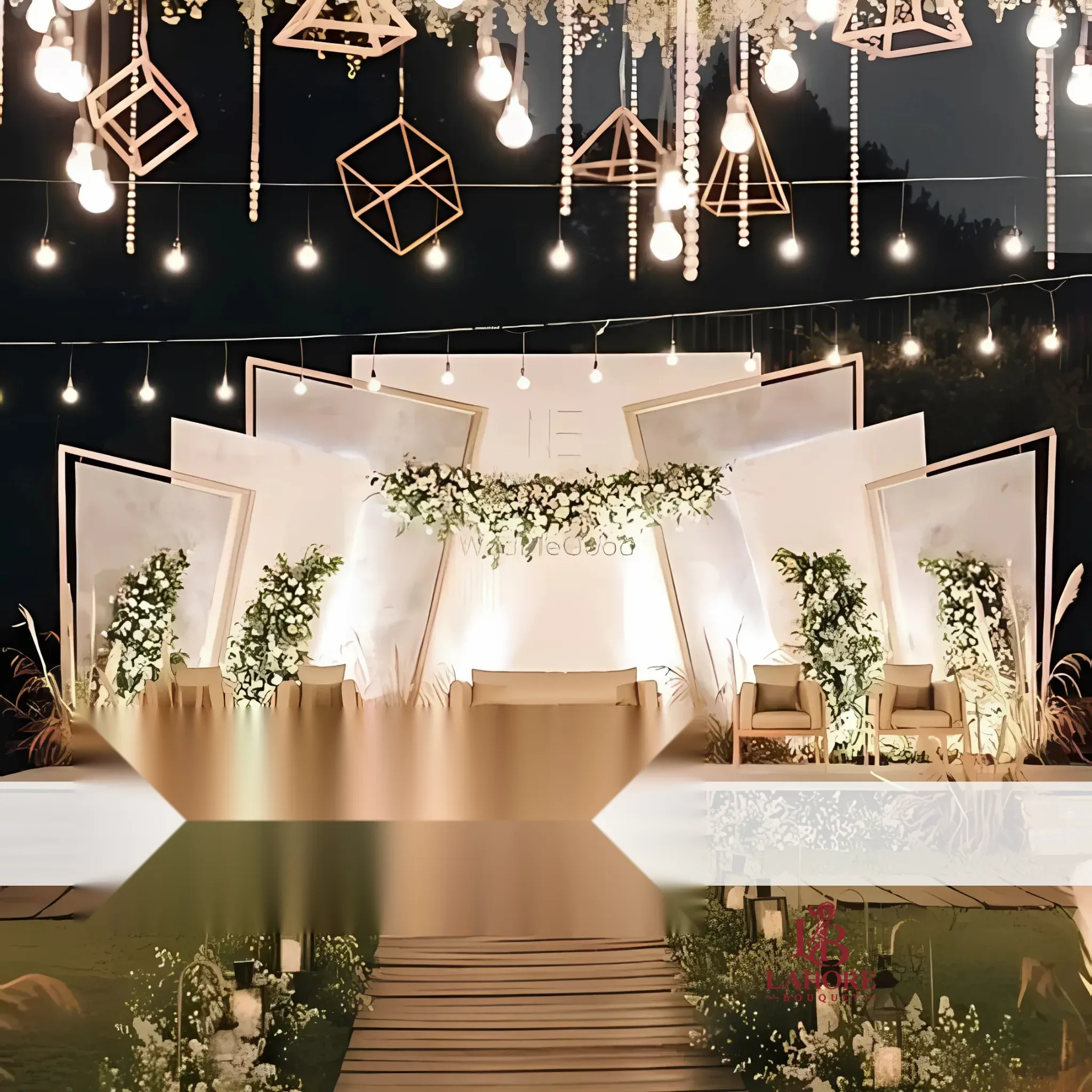 Modern Geometric Wedding Stage – Chic Minimalist Design with Soft Florals