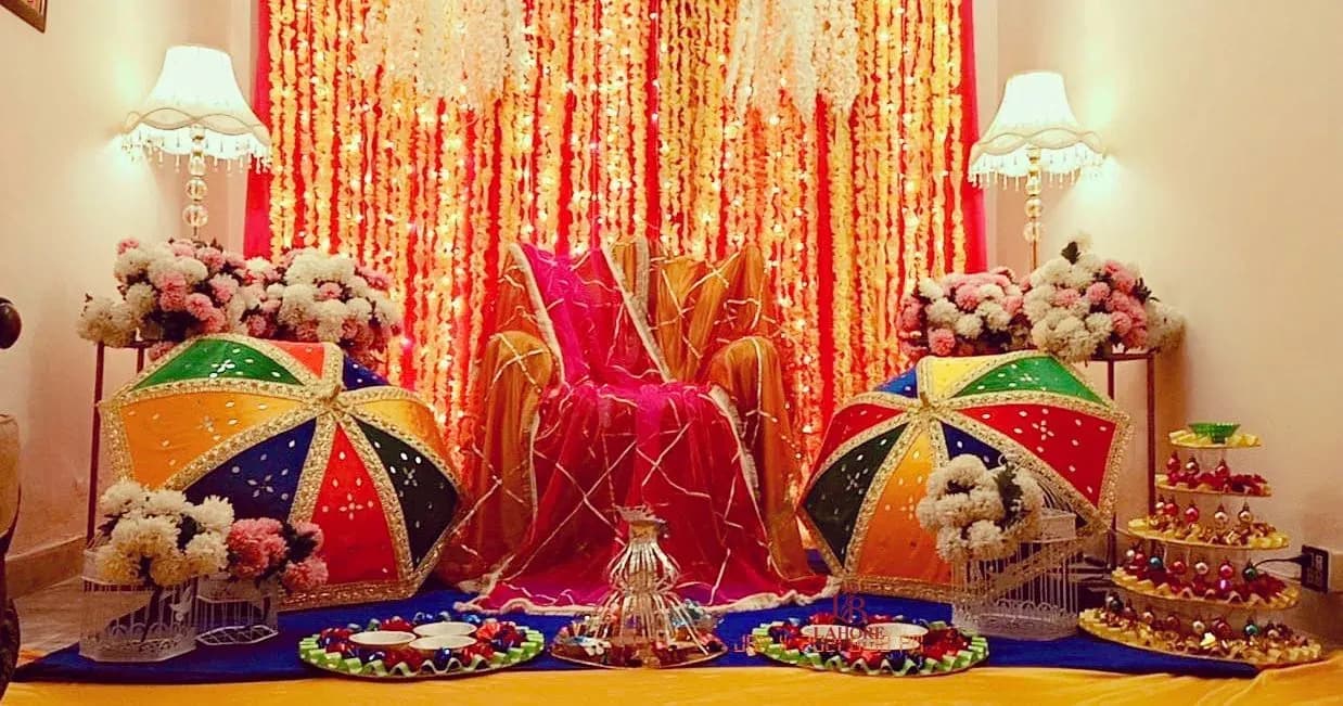 Vibrant Wedding Backdrop with Marigold Flowers, Colorful Umbrella Decorations