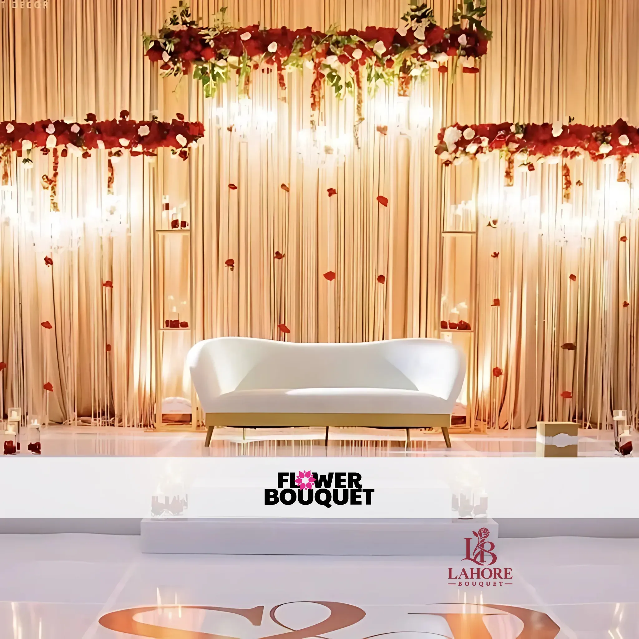 Elegant Gold and Red Wedding Stage – Minimalist Floral Backdrop